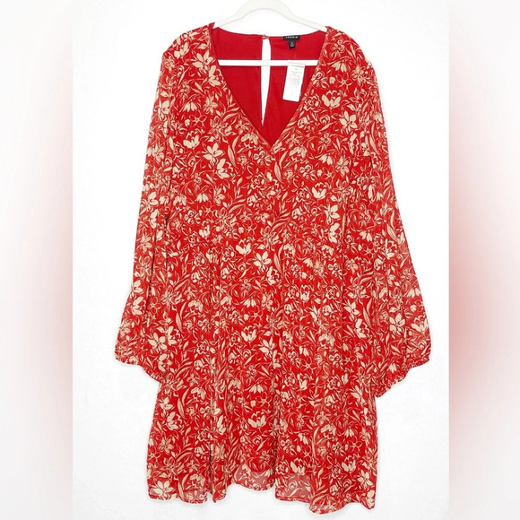 Torrid Babydoll Mini Dress Size 6X Red Floral Chiffon Bishop Sleeve Pockets - Picture 5 of 11